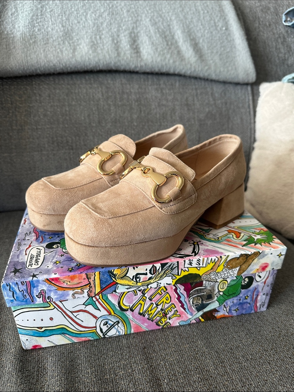 Jeffrey Campbell Beige Suede Platform Loafers with Gold Hardware